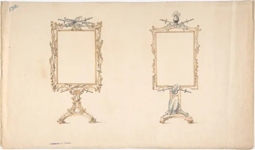 Designs for Two Mirror Frames Supported on Footed Pedestals with Armorial Ornament by anonymous, drawing, 1815-1840