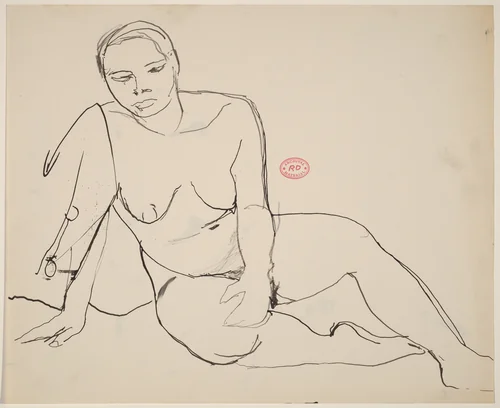 Untitled [seated female nude leaning on right arm] by Richard Diebenkorn, drawing, 1955-1967