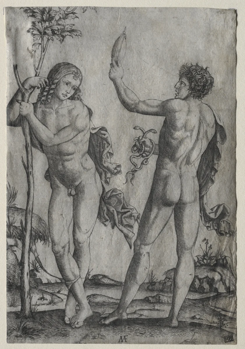Two Nude Men Beside a Tree by Marcantonio Raimondi, print, 1510-1527