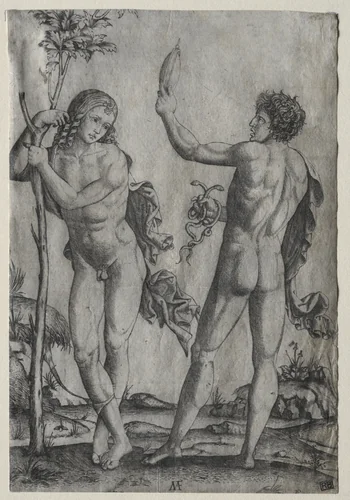 Two Nude Men Beside a Tree by Marcantonio Raimondi, print, 1510-1527