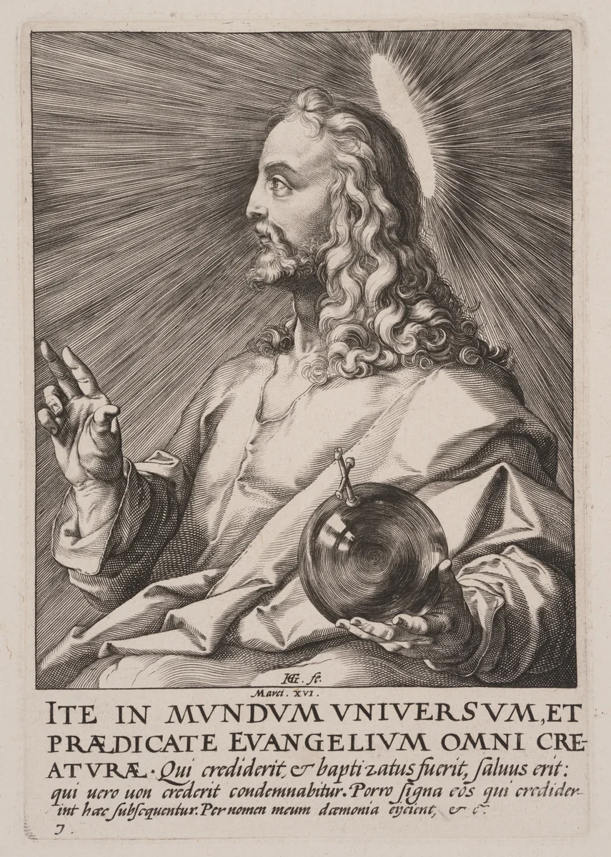 Christ (as Salvator Mundi), from Christ, the Apostles and St Paul with the Creed by Hendrick Goltzius, print, 1589
