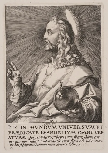 Christ (as Salvator Mundi), from Christ, the Apostles and St Paul with the Creed by Hendrick Goltzius, print, 1589