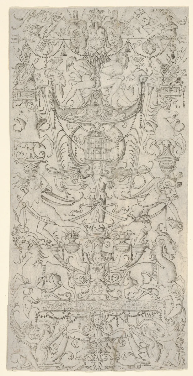Panel of ornament with a bird-cage in the centre by Nicoletto da Modena, print, 1495-1505