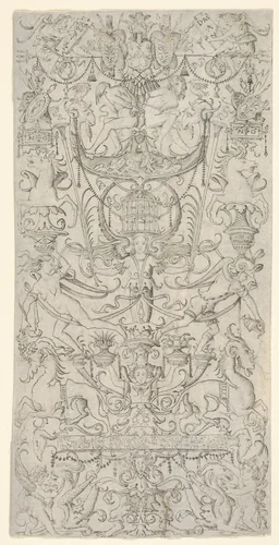 Panel of ornament with a bird-cage in the centre by Nicoletto da Modena, print, 1495-1505