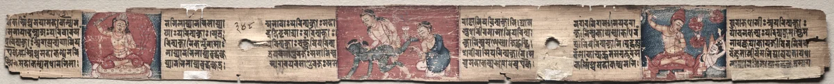 Bodhisattva Samantabhadra purifies the path to enlightenment, with Manjushri, folio 348 (verso) from a Gandavyuha-sutra (Scripture of the Supreme Array) by Unknown, painting, 1000-1199