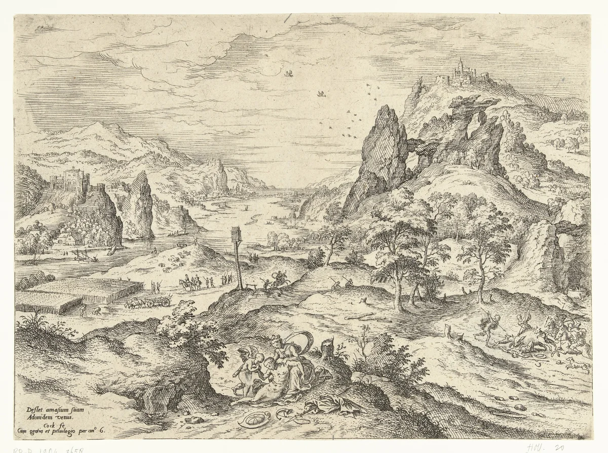 Venus treurt over de dood van Adonis by Unknown, print, 1551-1558
