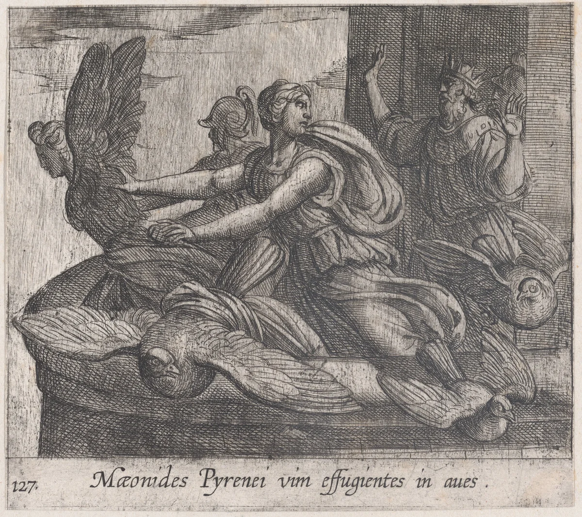 Plate 127: Anius's Daugthers Changing into Birds (Maeonides Pyrenei vim effugientes in aves), from Ovid's 'Metamorphoses' by Antonio Tempesta, print, 1606
