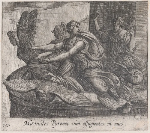 Plate 127: Anius's Daugthers Changing into Birds (Maeonides Pyrenei vim effugientes in aves), from Ovid's 'Metamorphoses' by Antonio Tempesta, print, 1606
