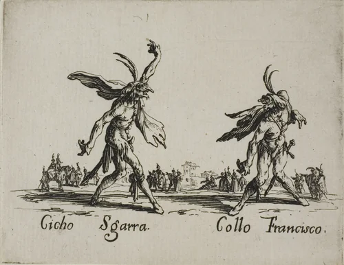 Cicho Sgarra - Collo Francisco, plate 6 from Balli di Sfessania by Jacques Callot, print, 1617-1627