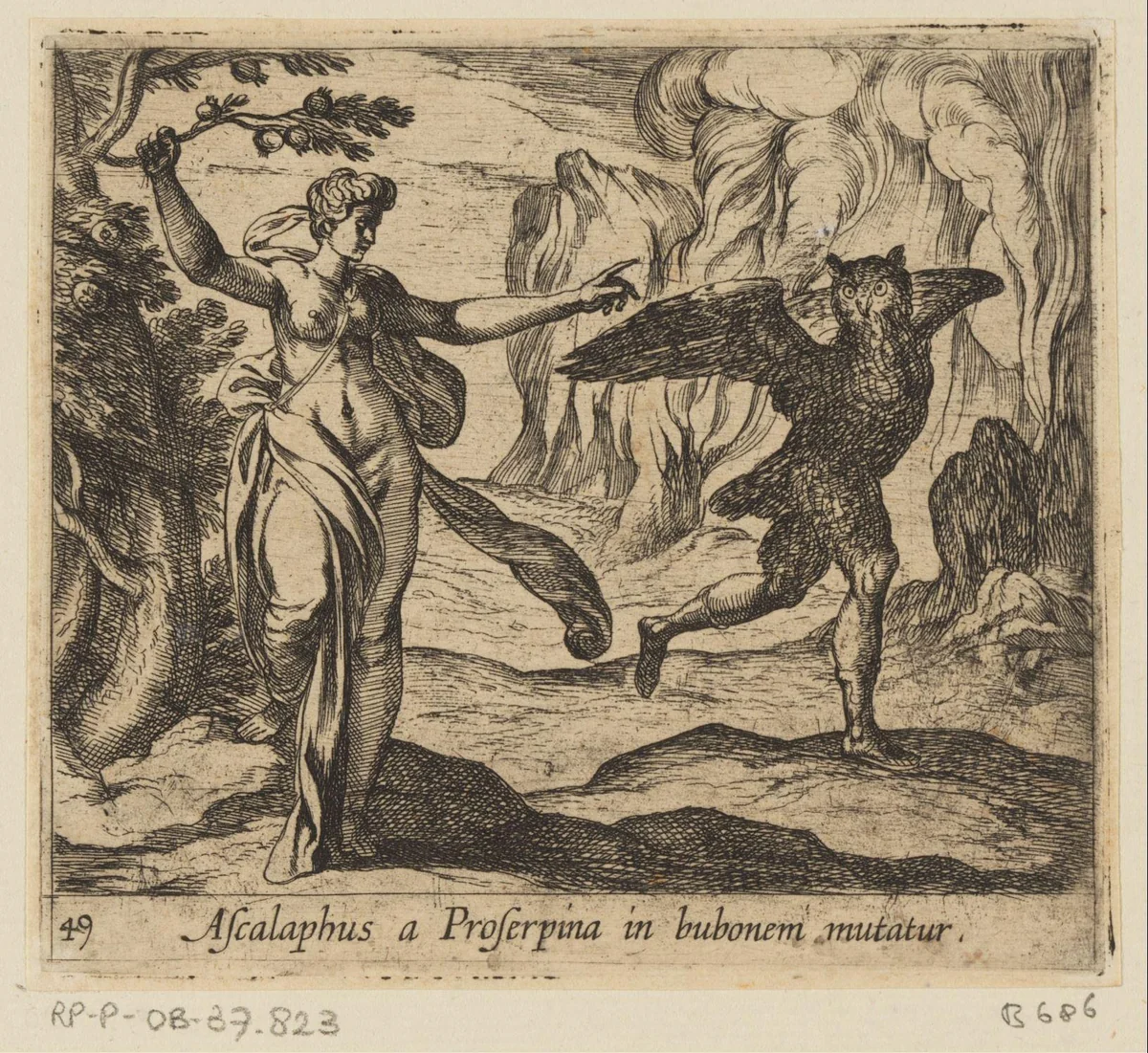 Proserpina verandert Ascalaphus in een uil by Antonio Tempesta, print, 1606