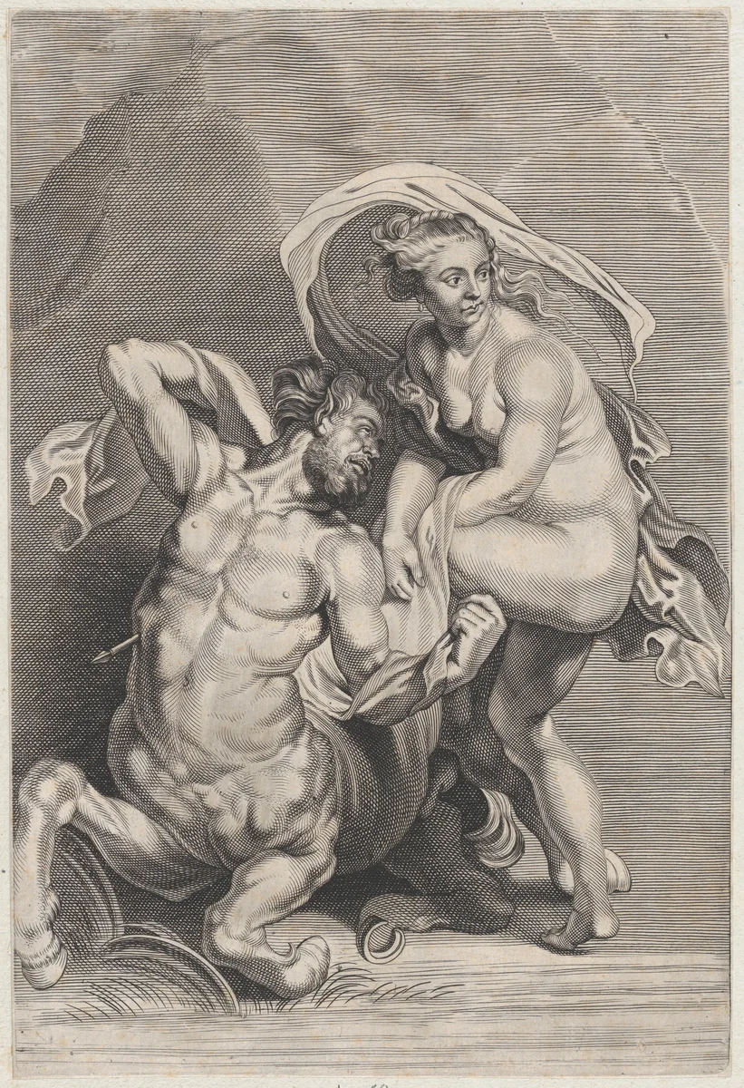 Deianeira receiving the poisoned tunic from Nessus, and the wounded centaur falling to the ground at left by anonymous, print, 1645-1705