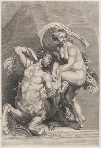Deianeira receiving the poisoned tunic from Nessus, and the wounded centaur falling to the ground at left by anonymous, print, 1645-1705