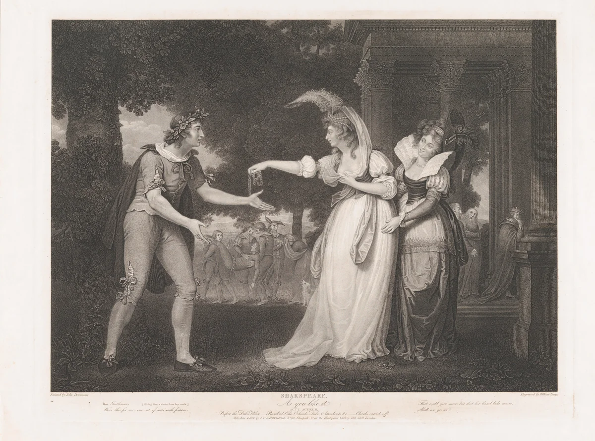 Before the Duke's Palace–Rosalind, Celia, Orlando, the Duke & Attendants (Shakespeare, As You Like It, Act 1, Scene 2) by William Satchwell Leney, print, 1800-1852