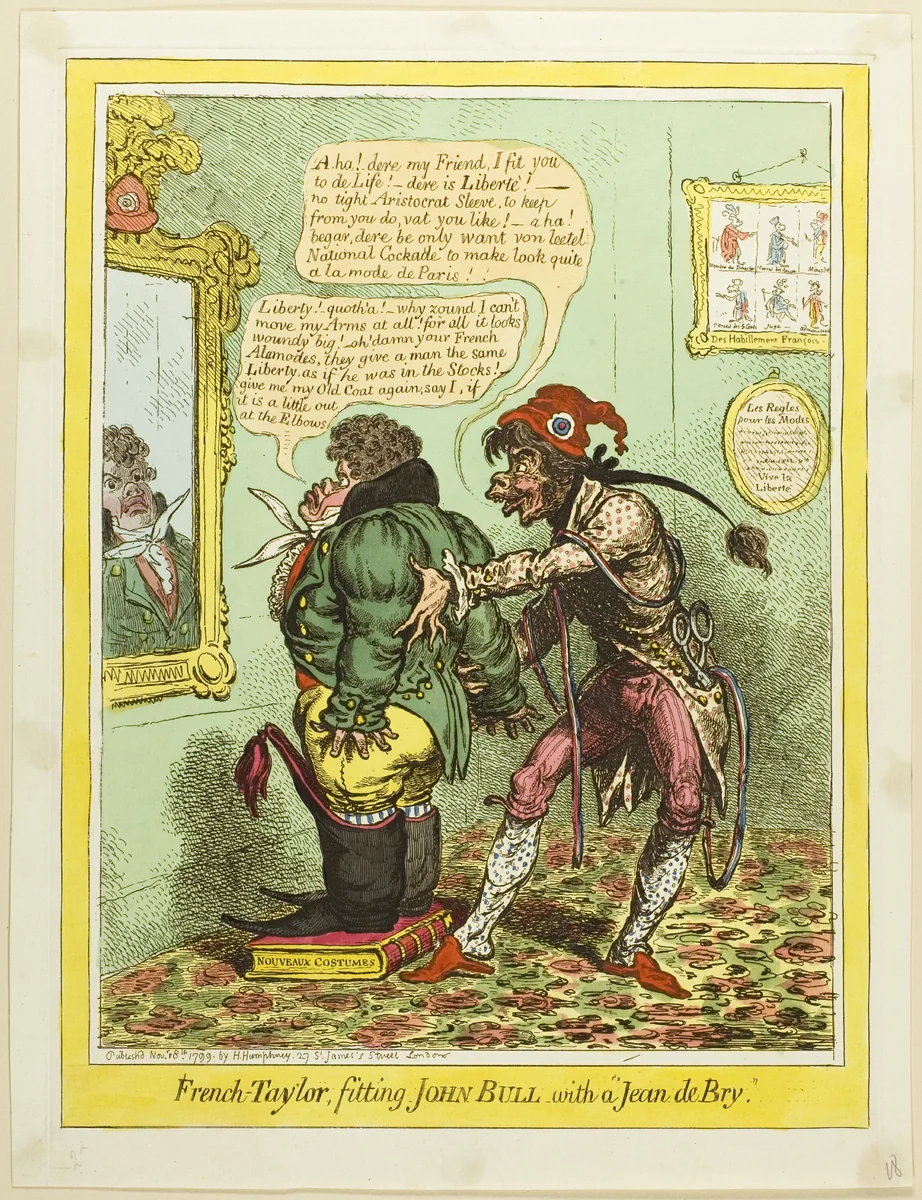French-Tailor, Fitting John Bull with a "Jean de Bry" by James Gillray, print, 1799