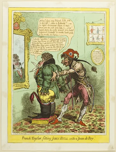 French-Tailor, Fitting John Bull with a "Jean de Bry" by James Gillray, print, 1799