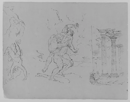 Hercules and Antoneus; Fall of Phaetor (Icarus?); Classical Architecture; Sacrifice of Isaac [?] (after Rembrandt?) (from Sketchbook) by Thomas Sully, artwork, 1810-1820