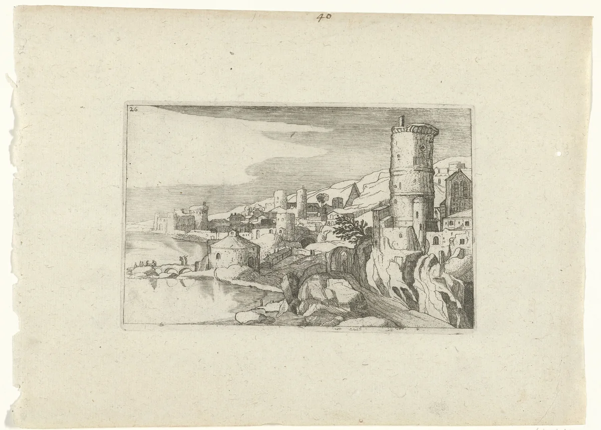 Stad met torens aan het water by anonymous, print, 1594-1685