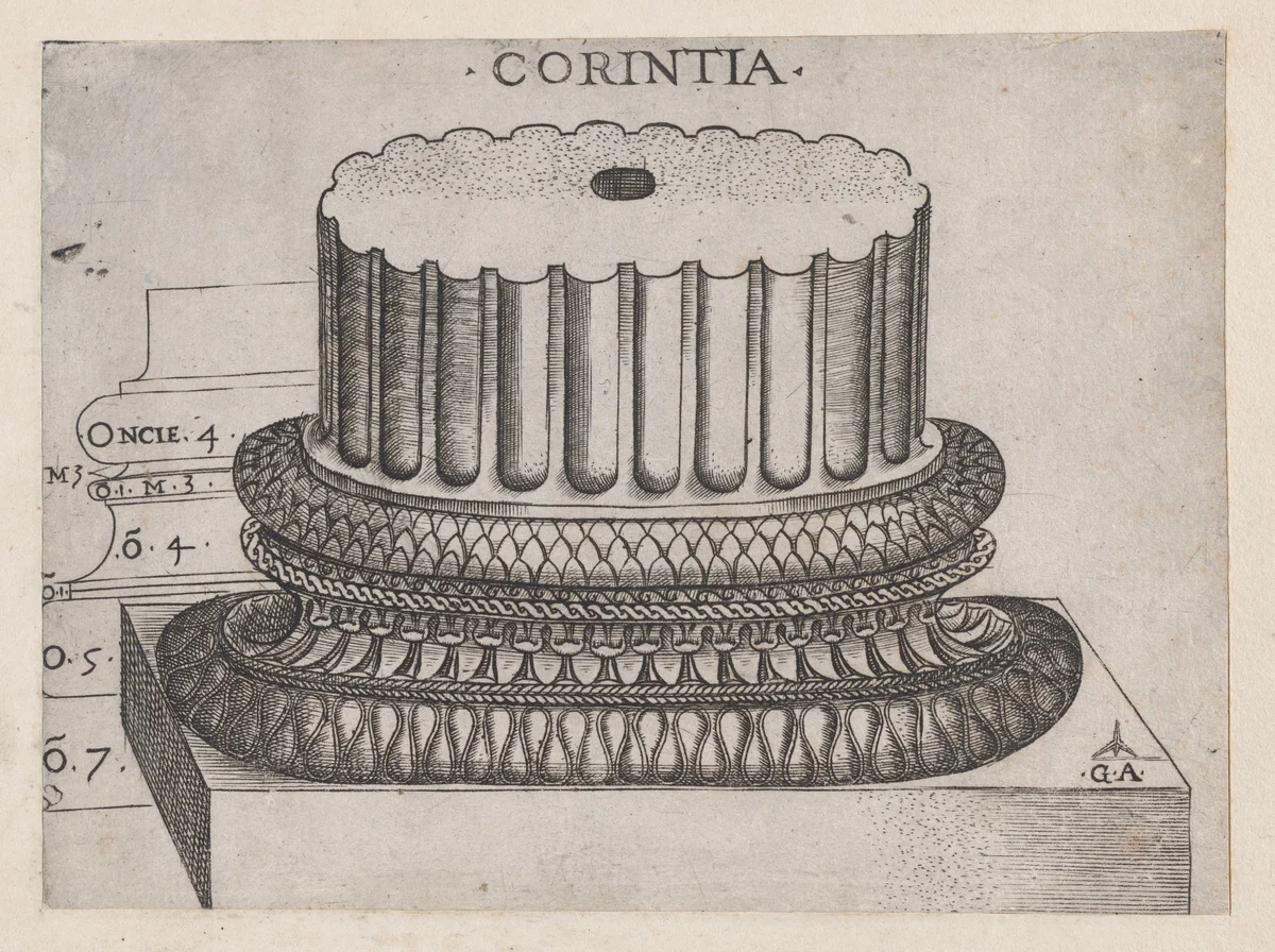 Corinthian base, from "Speculum Romanae Magnificentiae" by Monogrammist G.A. with the Caltrop, print, 1534-1540