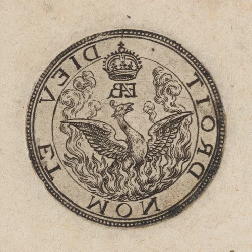 Emblem of the Phoenix and the motto "Dieu et mon droit" [right half] by Simon van de Passe, print, 1600-1699