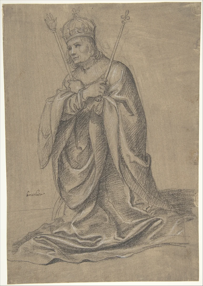 A Kneeling King of France Holding the Scepters of Royal Authority by Jean Boucher, drawing, 1590-1640