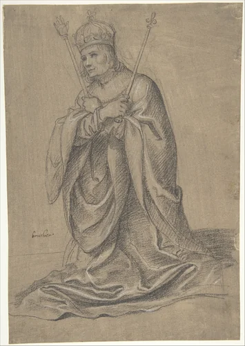 A Kneeling King of France Holding the Scepters of Royal Authority by Jean Boucher, drawing, 1590-1640