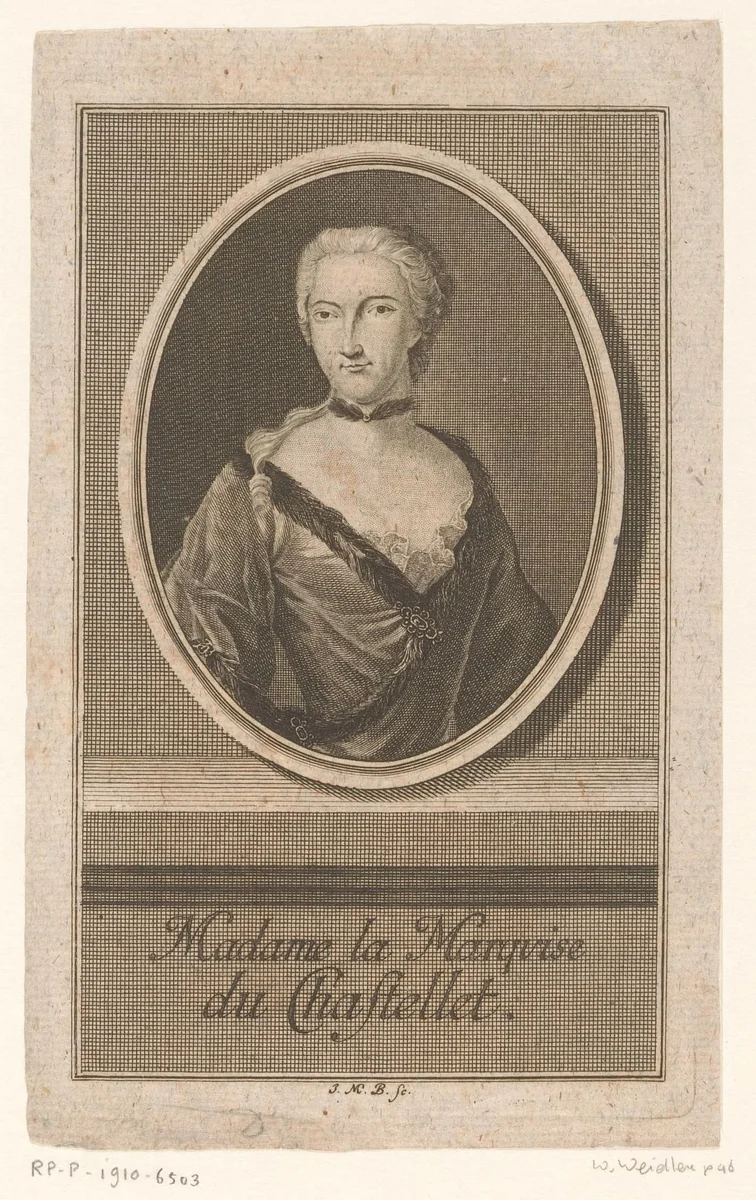 Portret van Émilie du Châtelet by Johann Martin Bernigeroth, print, 1742