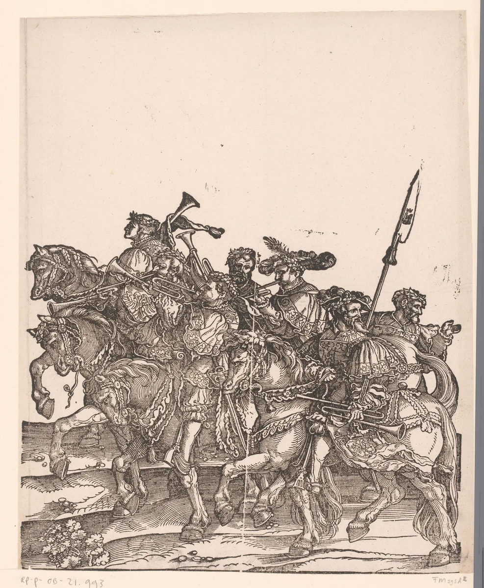 Muziekanten te paard by anonymous, print, 1537-1551