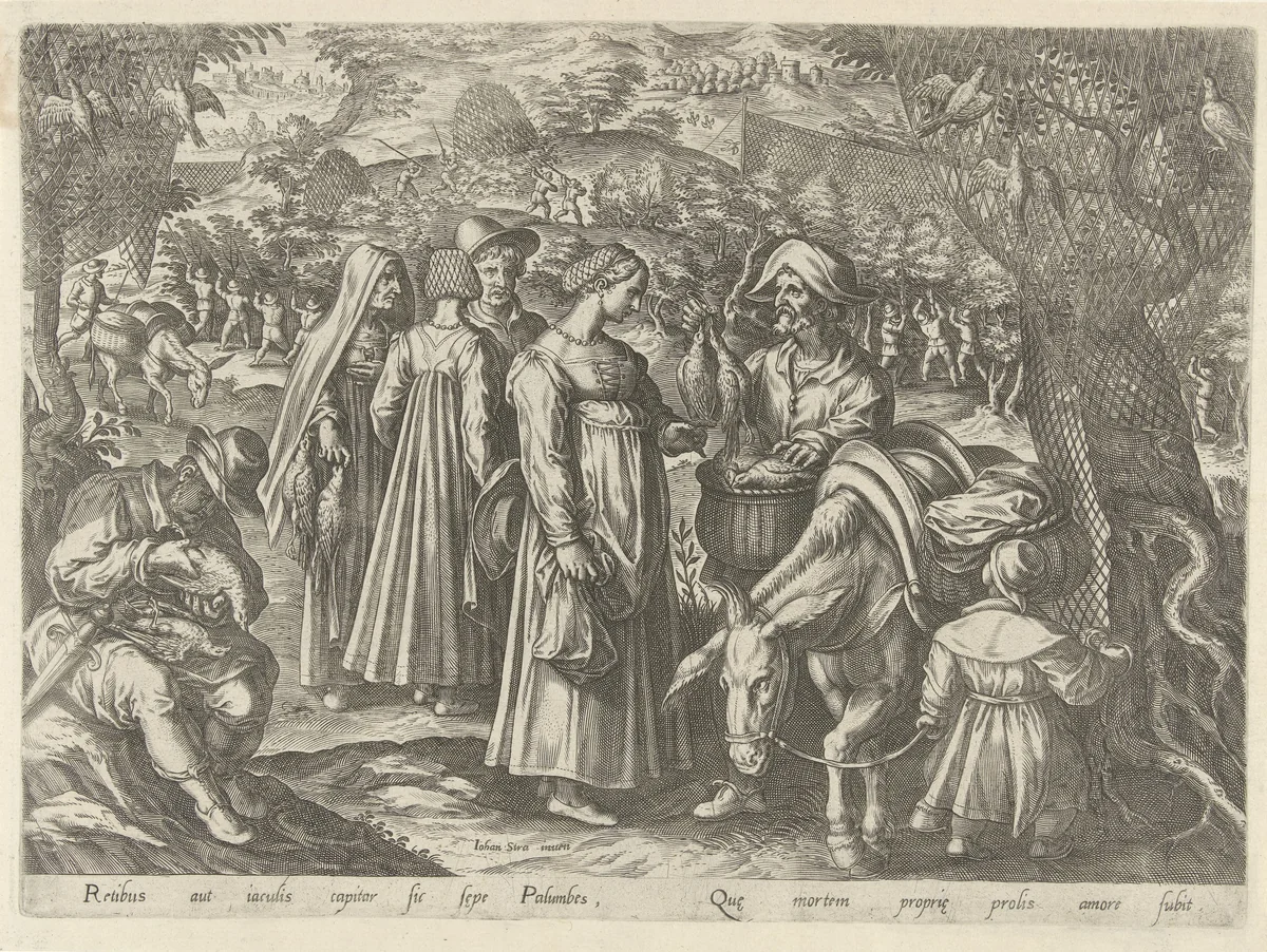 Jacht op duiven by Philips Galle, print, 1578
