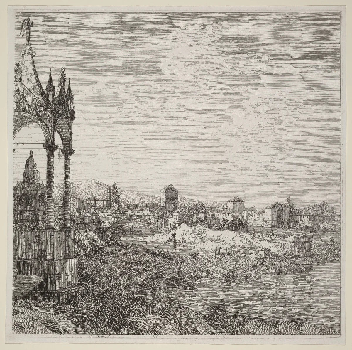 View of a Town with a Bishop's Tomb by Canaletto, print, 1740