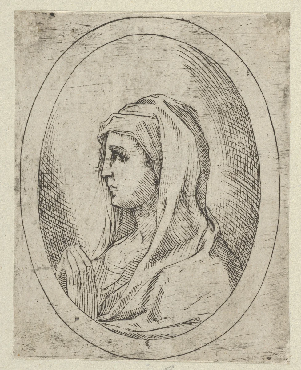 The Virgin in prayer, seen in profile facing left, in an oval frame, from "Christ, the Virgin, and Thirteen Apostles" by anonymous, print, 1595-1645