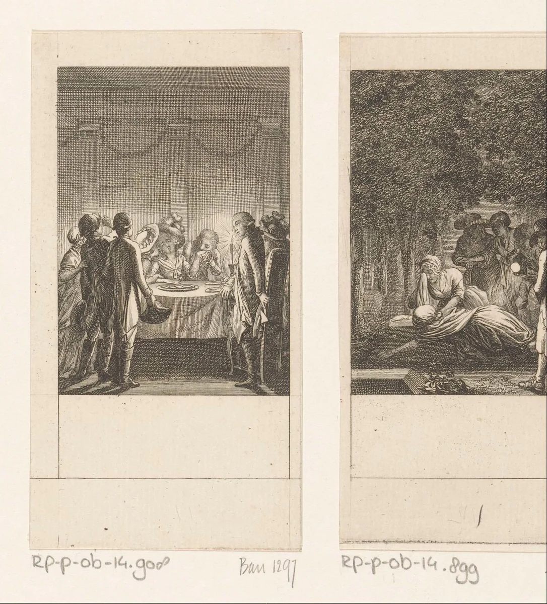 Camille aan tafel bij haar vriendin Nancy en Lord Belton voorafgaand aan het duel by Daniel Nikolaus Chodowiecki, print, 1787