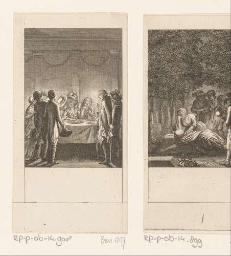 Camille aan tafel bij haar vriendin Nancy en Lord Belton voorafgaand aan het duel by Daniel Nikolaus Chodowiecki, print, 1787