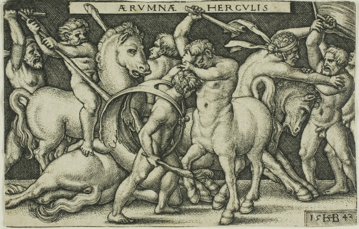 Hercules and the Centaurs, from Labors of Hercules by Sebald Beham, print, 1542