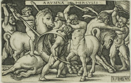 Hercules and the Centaurs, from Labors of Hercules by Sebald Beham, print, 1542
