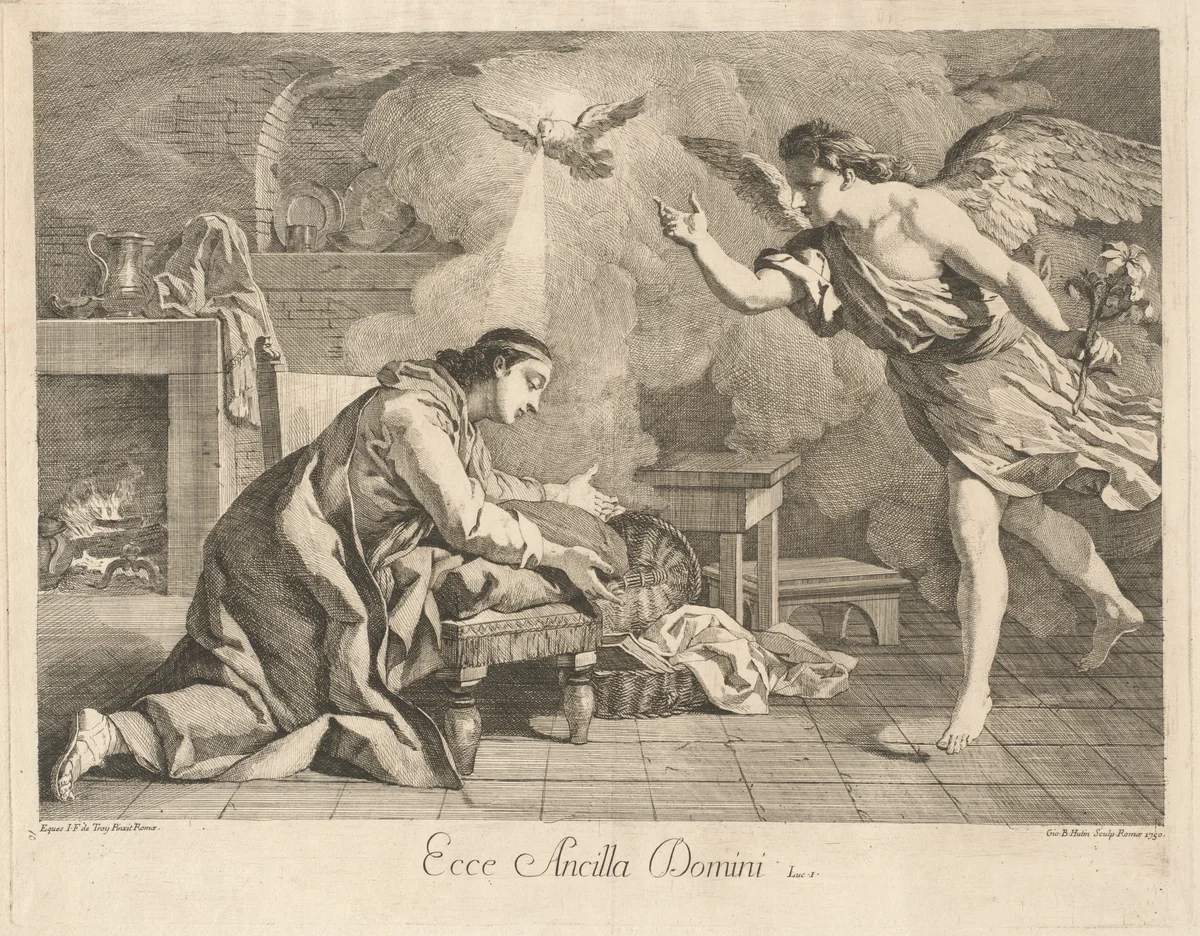The Annunciation by Jean-Baptiste Hutin, Jean François de Troy, print, 1750