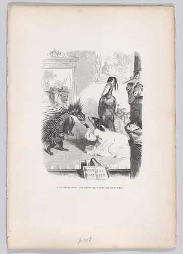At this frightful story, Zemire throws himself at Azor's feet, from "Scenes from the Private and Public Life of Animals" by J. J. Grandville, print, 1832-1852