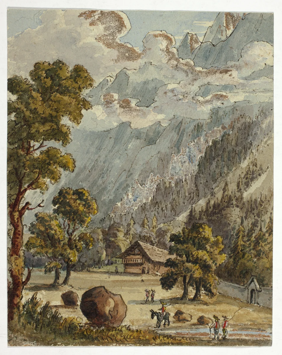 Chalet and Garden below Alps (recto); Village & Glacier du Boissons, Chamix (verso) by Unknown Artist, painting, 1800-1899