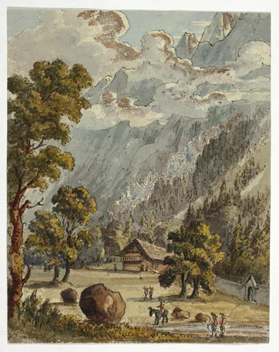 Chalet and Garden below Alps (recto); Village & Glacier du Boissons, Chamix (verso) by Unknown Artist, painting, 1800-1899