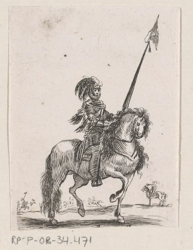 Ruiter met lans te paard in een landschap met meer ruiters te paard by anonymous, print, 1620-1664