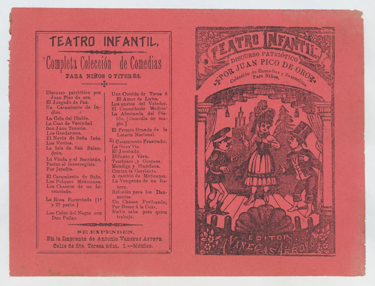 Cover for 'Coleccion de Comedias y Zarzuelitas para Niños', woman on stage flanked by two men by José Guadalupe Posada, print, 1875-1915