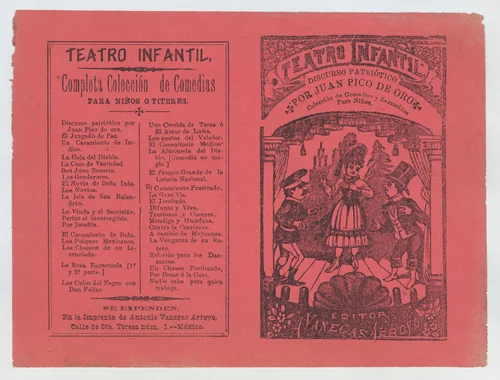 Cover for 'Coleccion de Comedias y Zarzuelitas para Niños', woman on stage flanked by two men by José Guadalupe Posada, print, 1875-1915