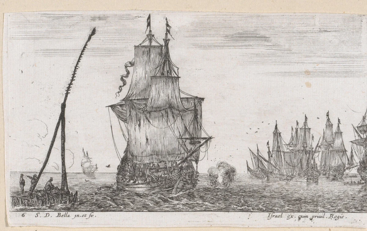 Zeilschip op zee, op achtergrond andere schepen by Stefano della Bella, print, 1620-1664