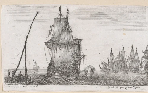 Zeilschip op zee, op achtergrond andere schepen by Stefano della Bella, print, 1620-1664