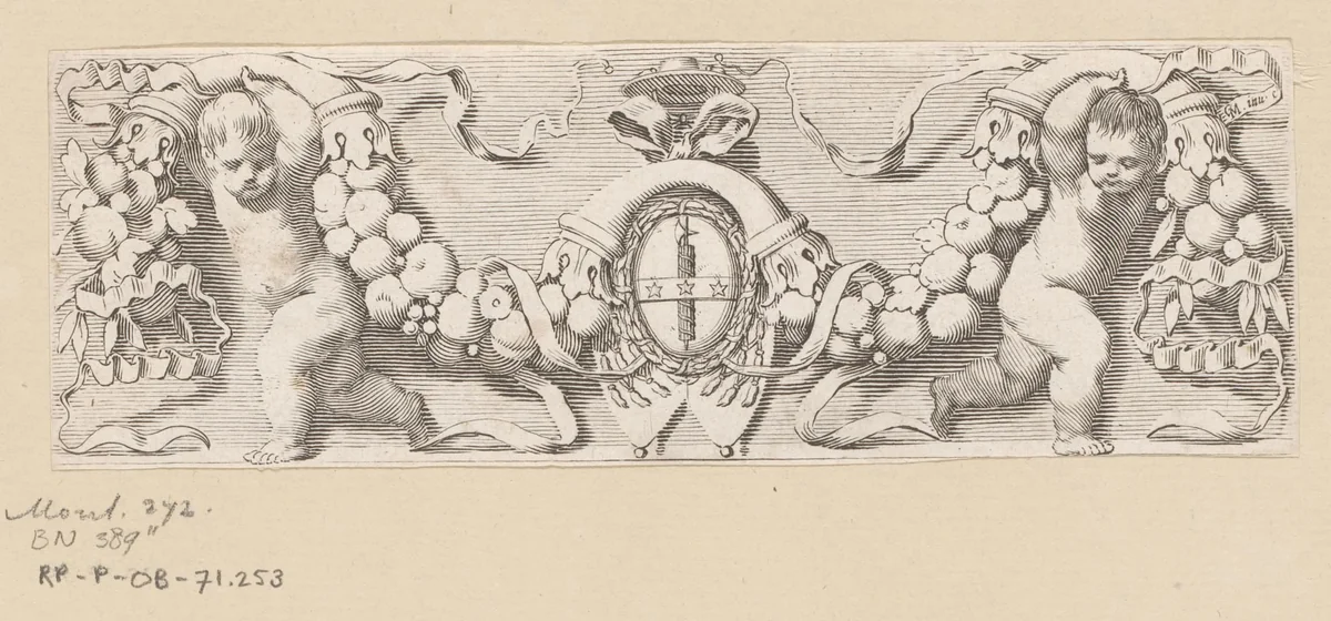 Twee putti met een guirlande van fruit en het wapen van kardinaal Jules Mazarin by Claude Mellan, print, 1639-1643