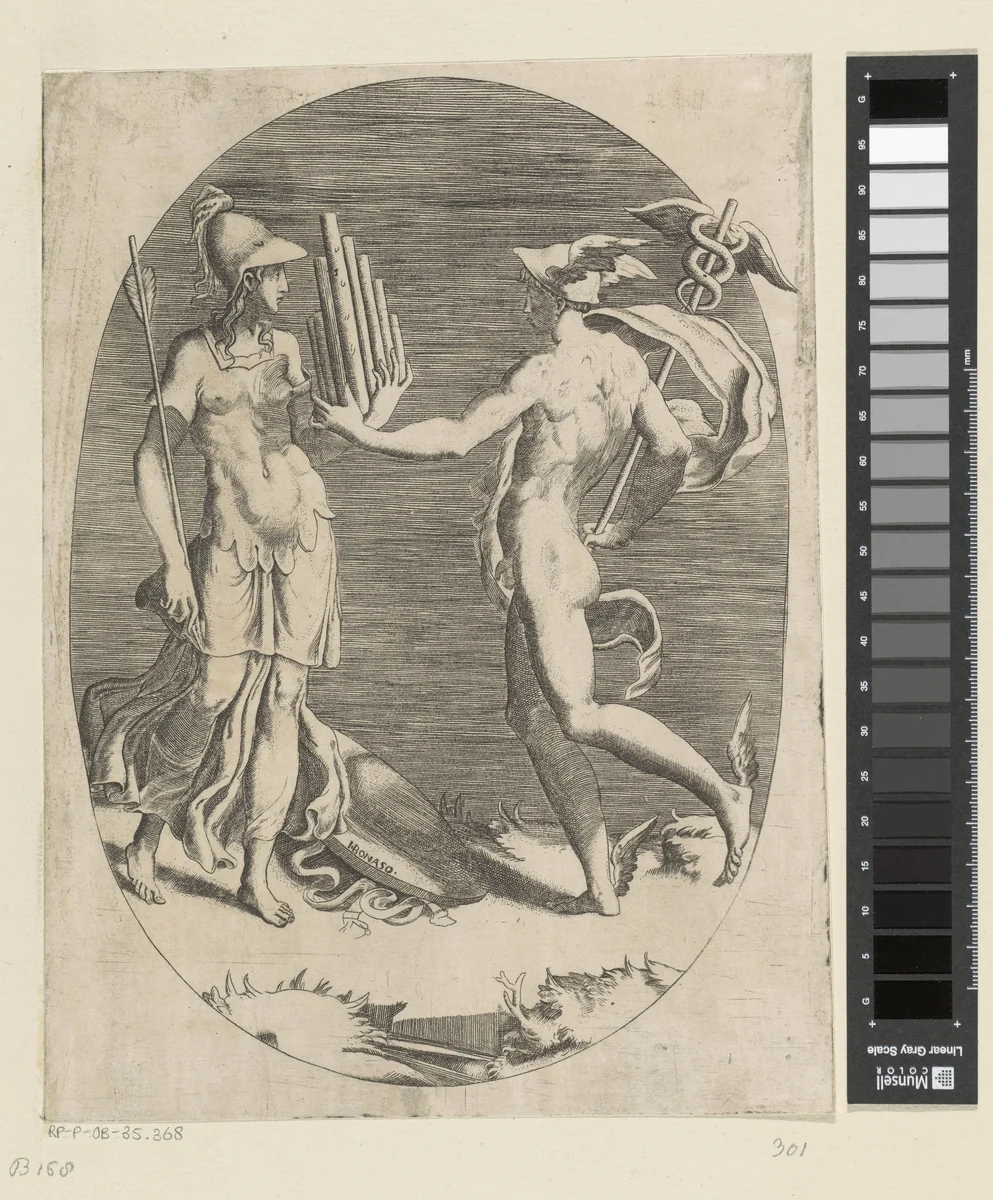 Mercurius geeft Minerva een panfluit by Unknown, print, 1501-1590