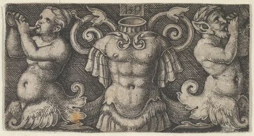 Horizontal Panel with Armour at Center, Flanked by Two Tritons Playing the Horn by Sebald Beham, print, 1518-1530