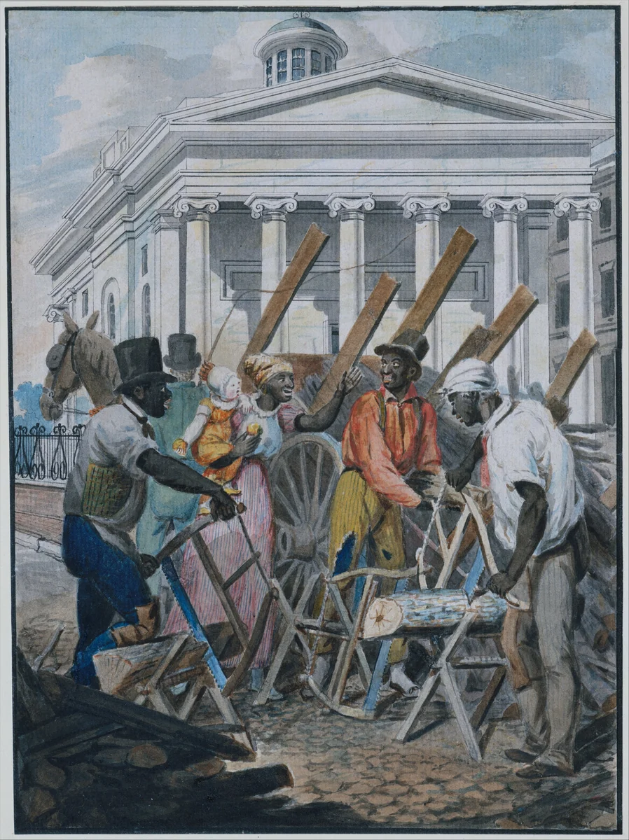 Black Sawyers Working in front of the Bank of Pennsylvania, Philadelphia by John Lewis Krimmel, artwork, 1811-1816