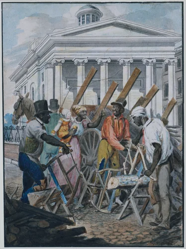 Black Sawyers Working in front of the Bank of Pennsylvania, Philadelphia by John Lewis Krimmel, artwork, 1811-1816