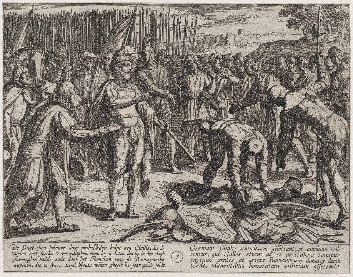 Plate 7: German Envoys Visit Civilis, from The War of the Romans Against the Batavians (Romanorvm et Batavorvm societas) by Antonio Tempesta, print, 1611-1612