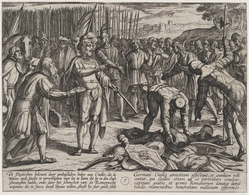 Plate 7: German Envoys Visit Civilis, from The War of the Romans Against the Batavians (Romanorvm et Batavorvm societas) by Antonio Tempesta, print, 1611-1612